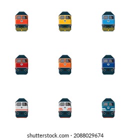 Modern diesel locomotive. Front view. A set of color icons
