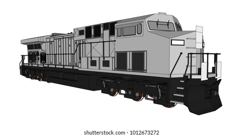 Modern diesel railway locomotive with great power and strength for moving long and heavy railroad train. Vector illustration with outline stroke lines.