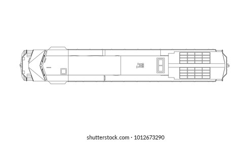 Modern diesel railway locomotive with great power and strength for moving long and heavy railroad train. Vector illustration with outline stroke lines.