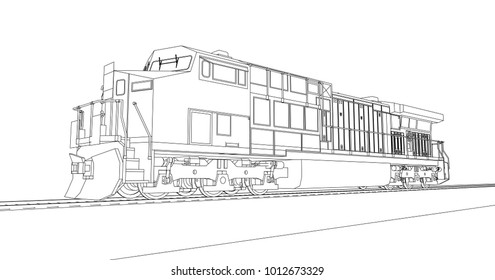 Modern diesel railway locomotive with great power and strength for moving long and heavy railroad train. Vector illustration with outline stroke lines.