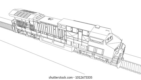 Modern diesel railway locomotive with great power and strength for moving long and heavy railroad train. Vector illustration with outline stroke lines.