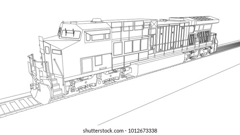 Modern diesel railway locomotive with great power and strength for moving long and heavy railroad train. Vector illustration with outline stroke lines.