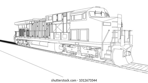 Modern diesel railway locomotive with great power and strength for moving long and heavy railroad train. Vector illustration with outline stroke lines.