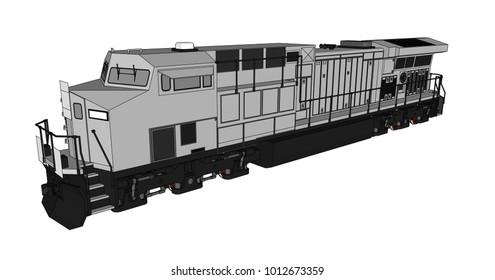 Modern diesel railway locomotive with great power and strength for moving long and heavy railroad train. Vector illustration with outline stroke lines.