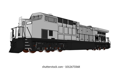 Modern diesel railway locomotive with great power and strength for moving long and heavy railroad train. Vector illustration with outline stroke lines.
