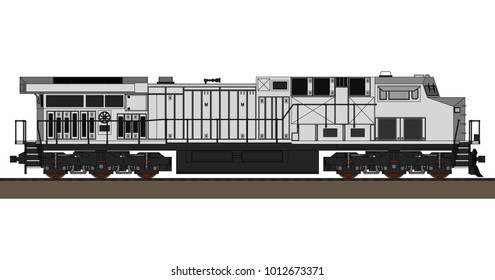 Modern diesel railway locomotive with great power and strength for moving long and heavy railroad train. Vector illustration with outline stroke lines.