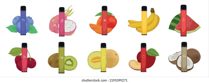Modern different electronic cigarettes with fruit flavor on whit