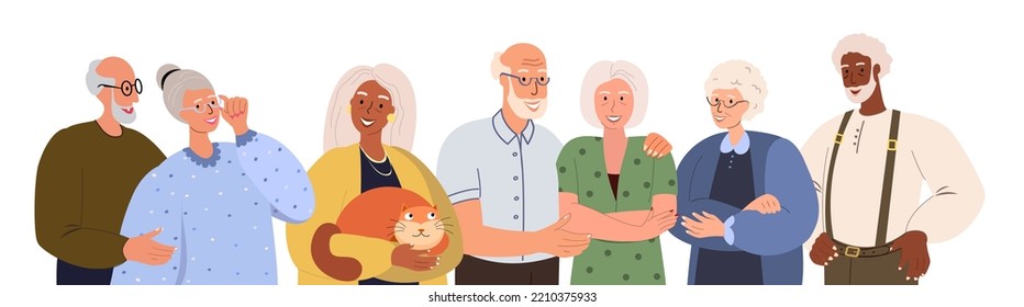 Modern Different Happy old senior people.Pensioners elderly men,women in fashion stylish clothes.Group portrait of aged retired characters.Flat graphic vector illustration isolated on white background