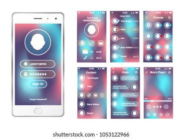 Modern different UI, UX and GUI template with flat web icons including Calling, Calendar, Music, Messaging, Chat, for Mobile Apps.