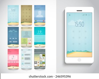 Modern different UI, UX and GUI template layout including Home, Calling, Weather, Calendar, Music Player, Messaging (Chat) and Album Gallery Screens for E-commerce Responsive Website and Mobile Apps.