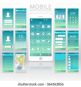 Modern different UI, UX and GUI template with flat web icons including Calling, Calendar, Music, Lock, weather, Messaging, Chat, Clock, Alarm, Album, City Map and Calculator Screens for Mobile Apps.