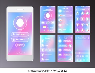 Modern different UI, UX and GUI template with flat web icons including Calling, Calendar, Music, Messaging, Chat, for Mobile Apps.