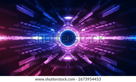 Modern digital abstract background with glowing neon lights in blue and purple, featuring futuristic circle and high-tech cyber elements.