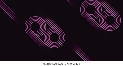 Moderne digitale Kunst mit lebendigen lila konzentrischen Kreisen und parallelen Linien, die ein dynamisches, futuristisches Muster auf tiefschwarzem Hintergrund schaffen und ein Gefühl für Bewegung und Technologie hervorrufen.