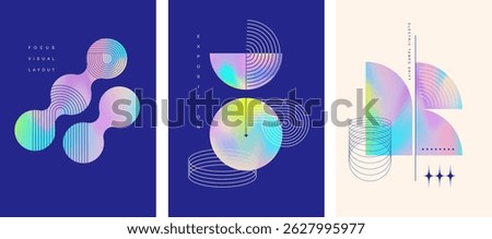 Modern digital art posters with abstract geometric holographic gradient shapes. Vector illustrations set.
