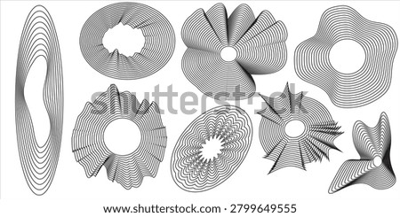 Modern digital audio soundwave frequency shapes bundle and creative technological parametric geometry identity design asset. Minimalist future corporate acoustics amplitude chart graphics, presentation template layout