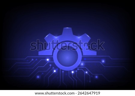 Modern digital background featuring glowing blue circuit and gear wheel paths on a dark gradient, Perfect for technology, innovation and IT themed visuals, vector illustration