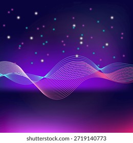 Fundo digital moderno com linhas onduladas fluindo vibrantes e partículas de luz cintilantes em um fundo de gradiente roxo profundo e rosa perfeito para projetos de design gráfico criativo