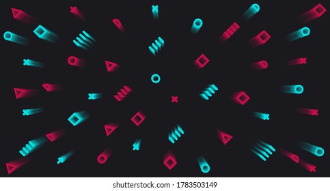 Modern digital background. Flying colored elements in space and time. Web design. Vector illustration