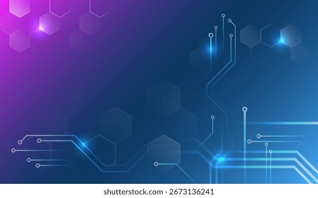 Fondo digital moderno con hexágonos y líneas de circuito brillantes, que simbolizan la innovación, la tecnología, las redes de datos y la comunicación futurista.