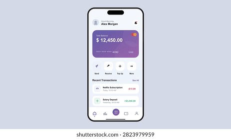 Modern Digital Banking Application Ilustração de Interface de Usuário Móvel para Gestão Financeira e Sistema de Rastreamento de Pagamentos Online Dashboard Na Tela Do Smartphone. Um design moderno de interface de aplicativo de banco móvel digital mostrando o saldo do cartão e o histórico de transações em uma tela de smartphone com acentos roxos e brancos em estilo plano.
