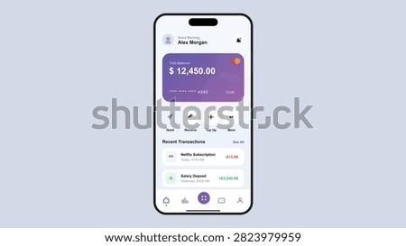 Modern Digital Banking Application Mobile User Interface Illustration for Financial Management and Online Payment Tracking System Dashboard on Smartphone Screen. A modern digital mobile banking application interface design showing card balance and transaction history on a smartphone screen with purple and white accents in flat style.