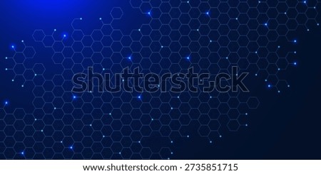 Modern digital blockchain cube with hexagon pattern and glowing nodes. Quantum computer technology concept. Design for communication, science and innovation. Vector illustration