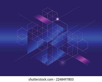 Modern digital blockchain line composition on illuminated deep blue and purple background