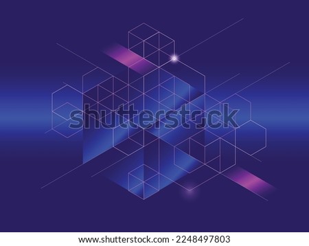 Modern digital blockchain line composition on illuminated deep blue and purple background