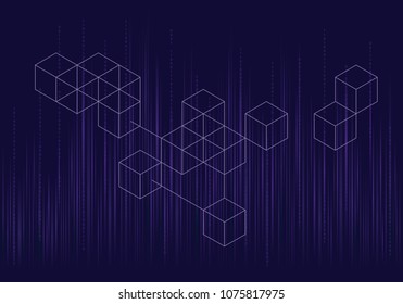 Modern Digital Blockchain Pattern With Binary Data Falling Down On Illuminated Dark Purple Background