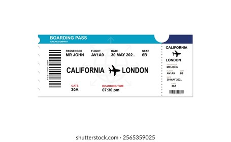 modern digital boarding pass airplane ticket design for a flight with passenger name and destination.