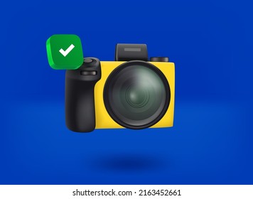 Cámara digital moderna con icono de marca de verificación. 3.ª ilustración vectorial