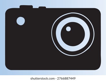 Modern digital camera icon with large lens and flash symbol perfect for photography technology