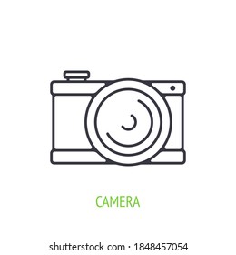 Modern digital camera outline icon. Vector illustration. Digital device with lens in retro style. Thin line pictogram for user interface. Isolated white background