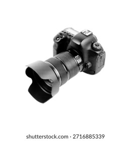 Câmera digital moderna com lente de zoom em estilo de meio-tom preto e branco. Ilustração de equipamento de fotografia profissional isolado no fundo branco para mídia, tecnologia ou design criativo.