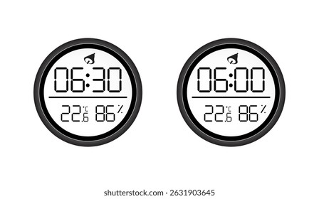 Relógio Digital Moderno Exibindo Tempo, Temperatura e Umidade, Apresentando um Quadro Preto Elegante em um Fundo Branco Limpo, Ideal para Monitoramento Doméstico