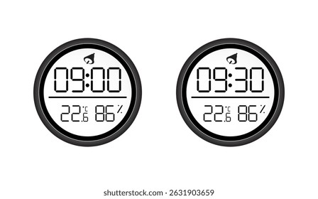 Modern Digital Clock Displaying Time, Temperature, and Humidity, a Sleek Black Design with Clear Readability for Desktop or Mobile Applications, White Background