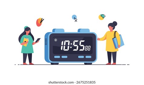 Relógio digital moderno mostrando o tempo com as pessoas interagindo com a tecnologia ao redor