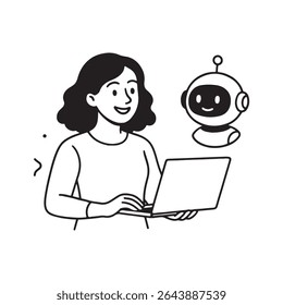 Modern digital communication between a woman and ai robot assistant