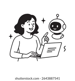 Modern digital communication between a woman and ai robot assistant