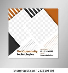 A modern Digital community technologies Banner Design Template. This template is designed use diagonal square for photo space. easily edit the colors, elements, images, texts, and many more to fit