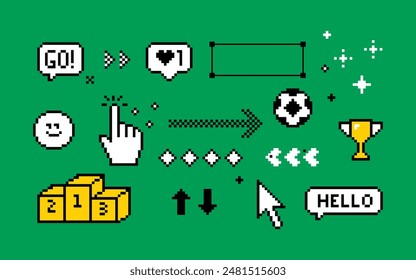 Modern digital composition about soccer. Football pixel art elements set. Y2k trendy playful pixels stickers. Mood of 90's aesthetics. 8-bit retro style vector illustration. Simple geometric form