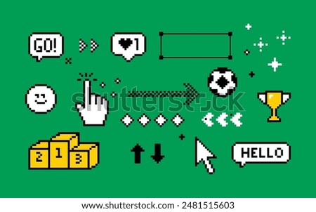 Modern digital composition about soccer. Football pixel art elements set. Y2k trendy playful pixels stickers. Mood of 90's aesthetics. 8-bit retro style vector illustration. Simple geometric form