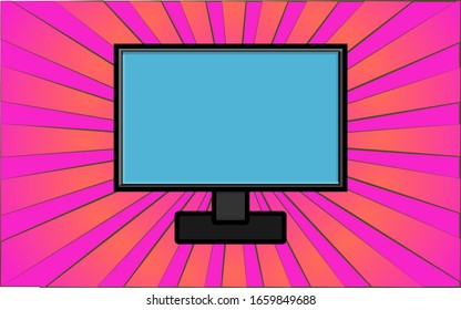 Modern digital computer monitor on a background of abstract purple rays. Vector illustration.