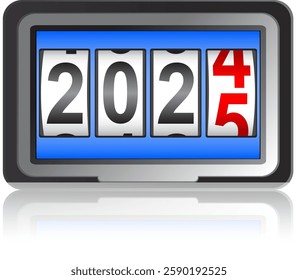 Modern digital counter with the number of the new year 2025 on a white background.