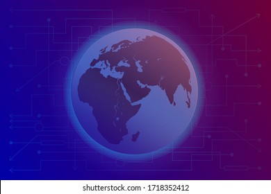 Modernos antecedentes digitales, cibernéticos y tecnológicos - líneas de microcircuitos y planeta Tierra en un colorido fondo tecnogénico. Vector horizontal. Para diseño, decoración, en blanco, plantilla.