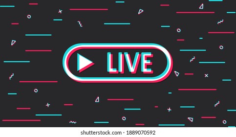 Modern digital dark background with colored elements and Live button in the center. Background in the style of a popular social network. Vector illustration