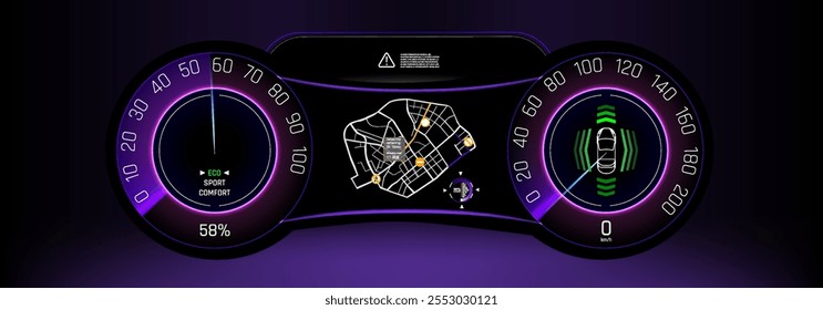 Modern digital dashboard display showcasing vehicle navigation and speed metrics in a sleek design.