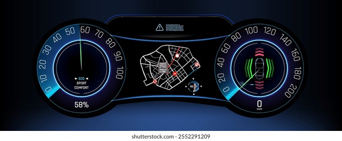 Modern digital dashboard displays vehicle speed, navigation, and performance metrics at night.