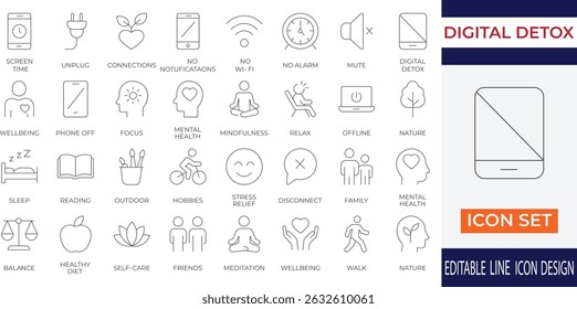 A modern digital detox wellness and mindful line icon set. Includes minimal symbols like screen time, unplug, phone off, meditation, nature, and more. 